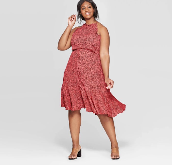 Who What Wear Women's Plus Size Leopard Print Short Sleeve Halter Neck Dress