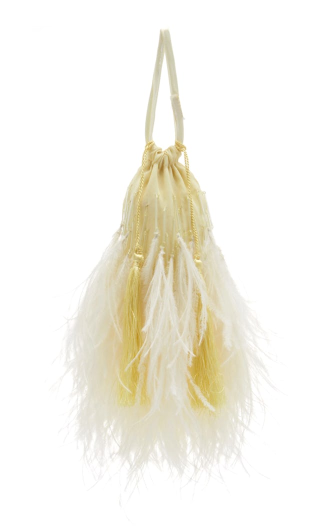 Tasseled Feather-Trimmed Beaded Cotton Pouch