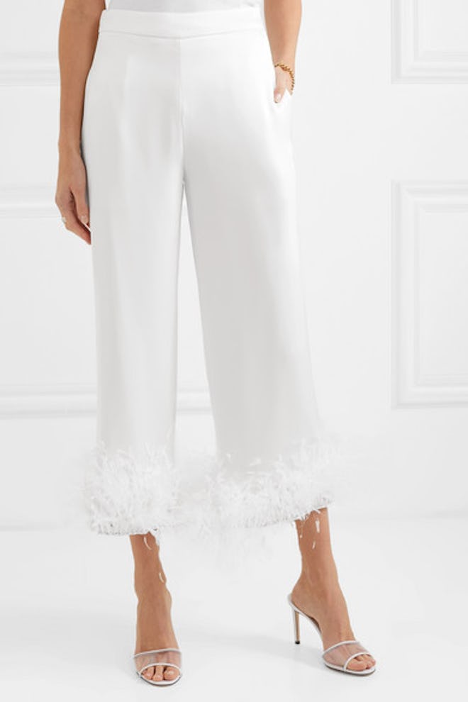 Cropped Feather and Crystal-Trimmed Silk-Satin Straight-Leg Pants