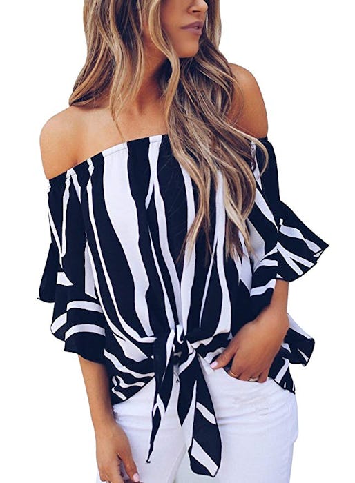 Asvivid Women's Striped Off Shoulder Bell Sleeve Shirt 