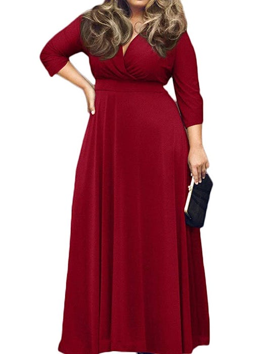 POSESHE Women's Solid V-Neck 3/4 Sleeve Plus Size Maxi Dress