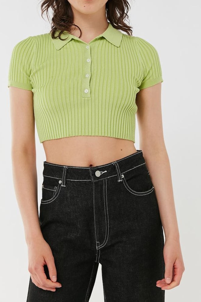 Grassy Cropped Polo Sweater Top