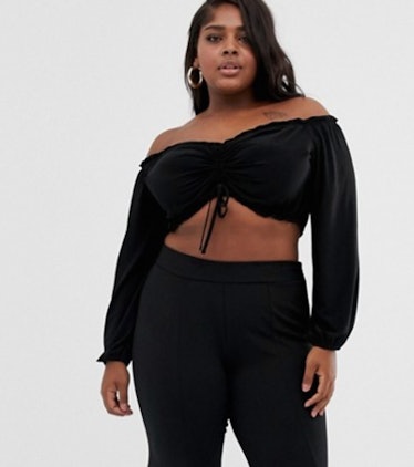 Flounce London Plus bardot crop top with ruched detail in black