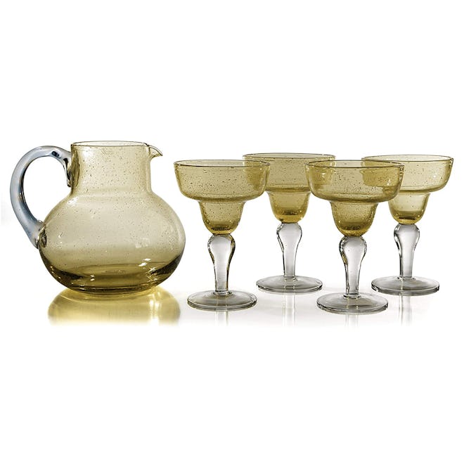 Artland Iris Seeded Citrine 5 Piece Hand Blown Glass 2.8 Quart Pitcher and Margarita Glass Set