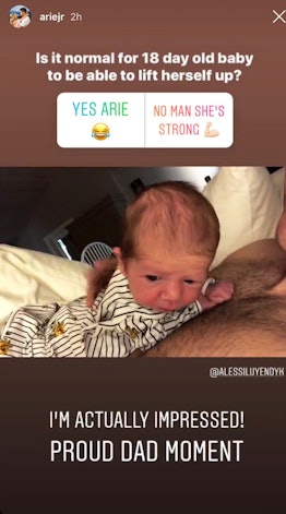 Instagram story of the new dad Arie holding a baby on his chest while lying on the bed