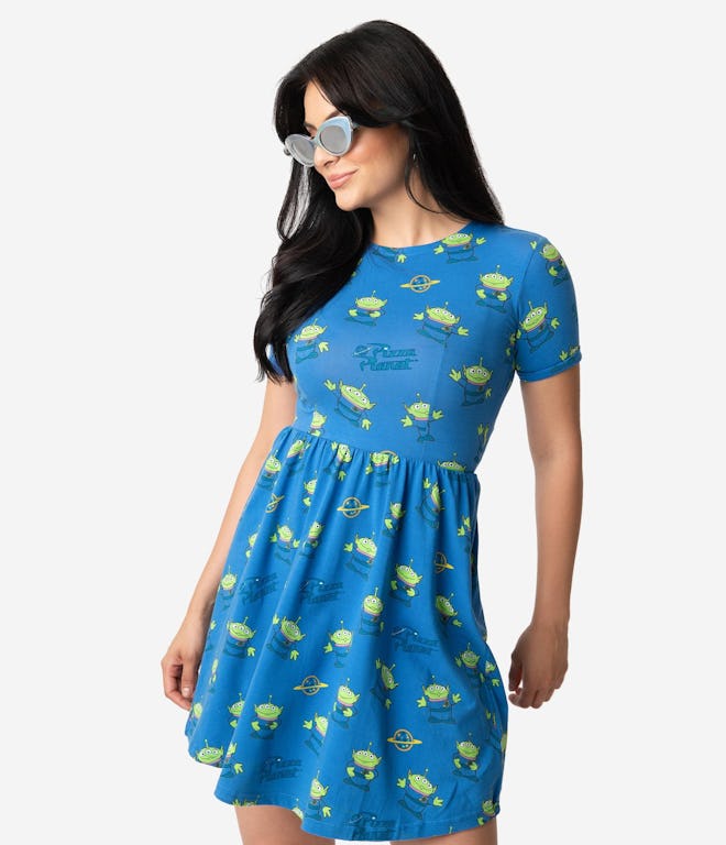 Cakeworthy Blue Pizza Planet Print Cotton Fit & Flare Dress