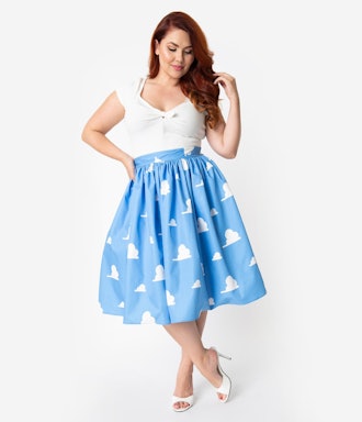 Unique Vintage Plus Size Light Blue & White Cloud Print High Waist Swing Skirt