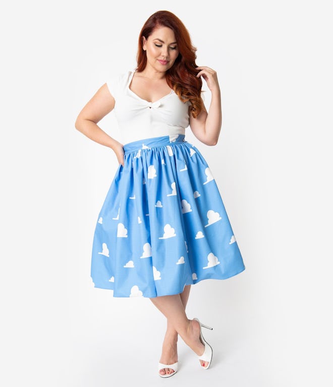 Unique Vintage Plus Size Light Blue & White Cloud Print High Waist Swing Skirt