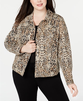 Plus Size Leopard-Print Denim Jacket
