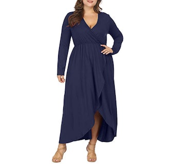 Allegrace Women Plus Size Wrap V Neck Long Sleeve Ruffle Maxi Dress 
