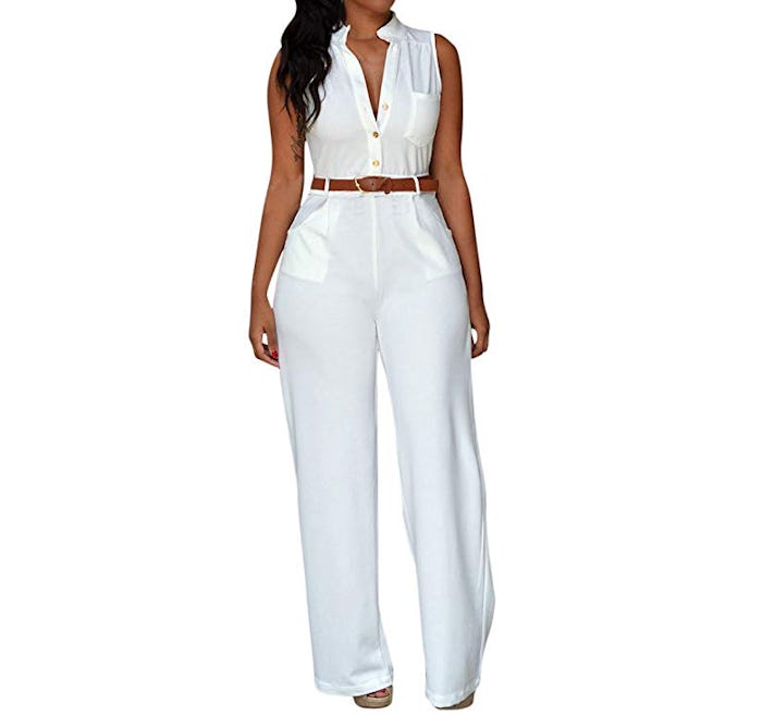 Pink Queen Women's Button-Up Wide Leg Jumpsuit