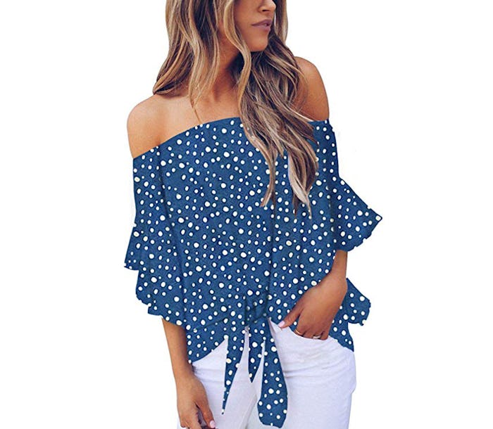 Asvivid Women's Striped Off Shoulder Bell Sleeve Shirt