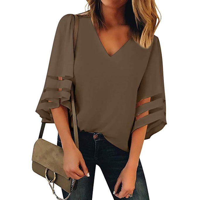 LookbookStore Women's V-Neck Mesh Panel Bell Sleeve Blouse