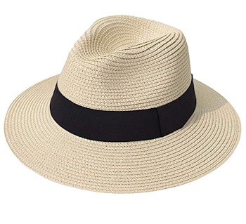 Lanzom Wide Brim Straw Panama Roll Up Hat 