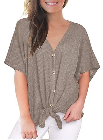 MIHOLL Loose Blouse Short Sleeve V Neck Button Down