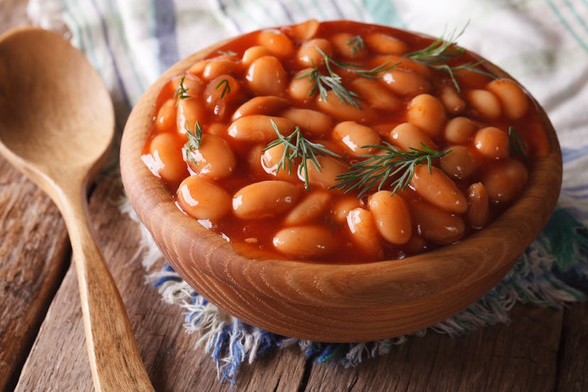 A bowl of beans. Beans are a good source of fiber, but can also contribute to gasiness.