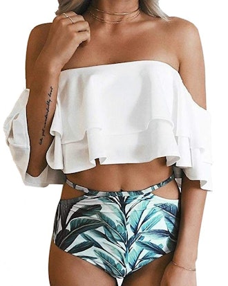 Tempt Me Two Piece Off Shoulder Ruffled Flounce Bikini