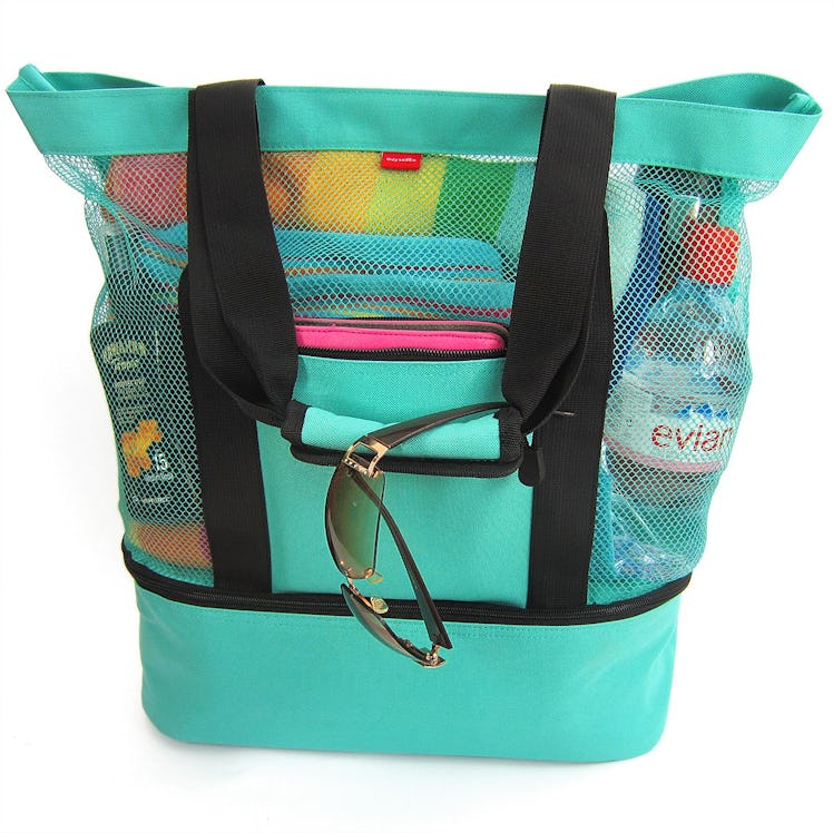 OdyseaCo Aruba Mesh Beach Tote Bag with Zipper Top and Insulated Picnic Cooler