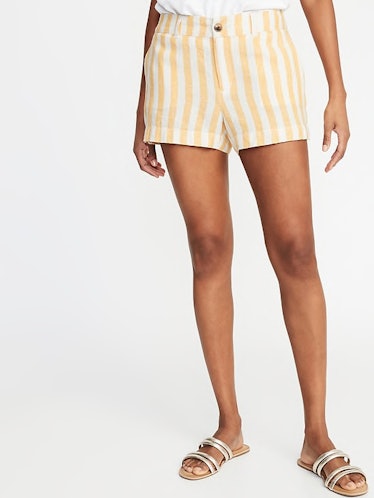 Yellow Stripe Mid-Rise Everyday Linen-Blend Shorts 