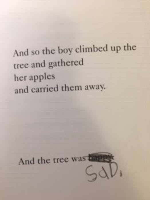 A text from The Giving Tree with the sentence "and the tree was happy" changed to "the tree was sad"...