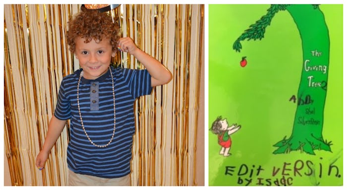 Side by side photos of a little boy and the giving tree that he edited for his brother 