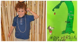 Side by side photos of a little boy and the giving tree that he edited for his brother 