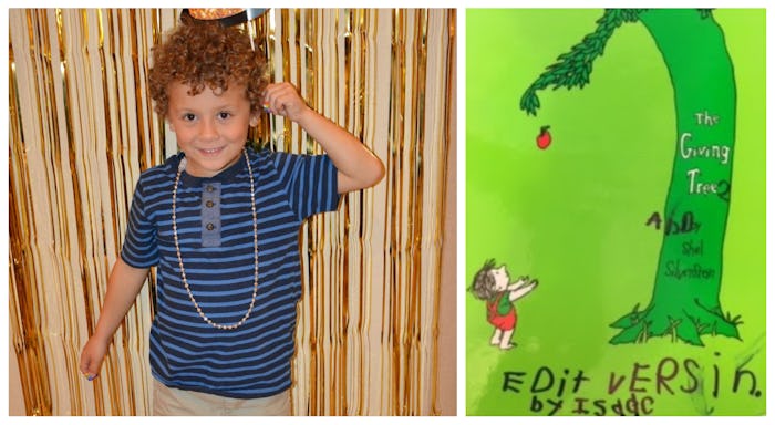 Side by side photos of a little boy and the giving tree that he edited for his brother