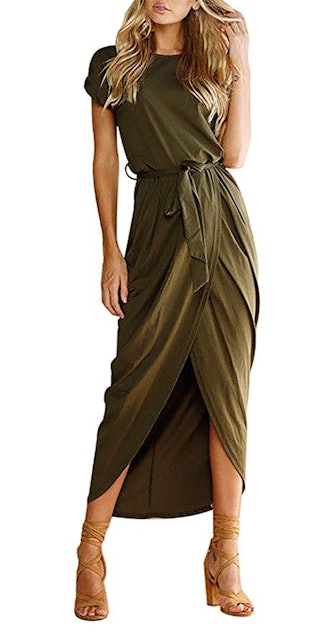 Qearal Casual Short Sleeve Slit Maxi Dress