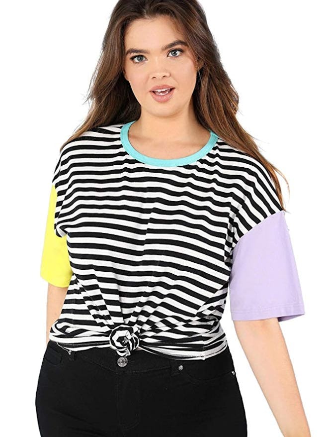  Romwe Women's Crewneck Striped Short Sleeve T-Shirt