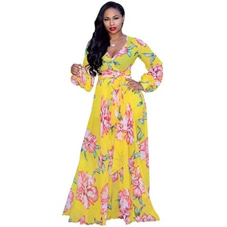 Nuofengkudu Chiffon V-Neck Printed Maxi Dress, $30, 