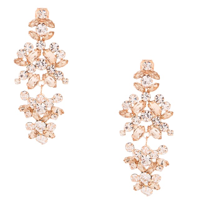 Rose Gold 2" Crystal Petal Clip On Drop Earrings