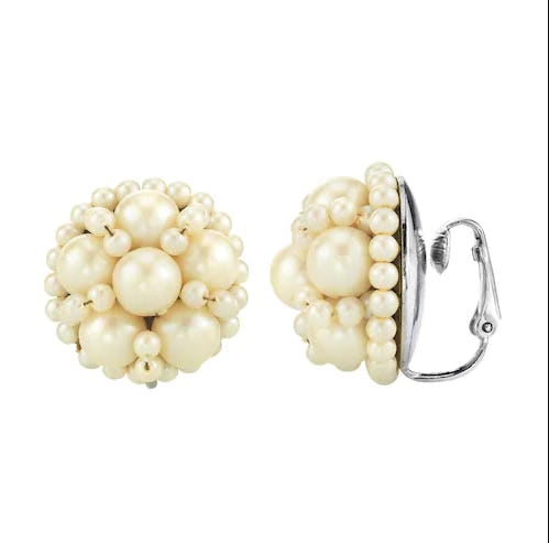1928 Silver Tone Simulated Pearl Stud Clip-On Earrings