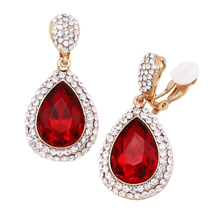 Red Crystal Teardrop Statement Clip On Dangle Earrings 