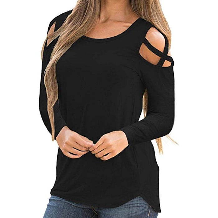 TLTL Women Summer Short Sleeve Strappy Cold Shoulder Blouse