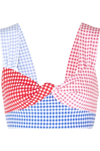 Sagaponack Twist-Front Patchwork Gingham Bikini Top