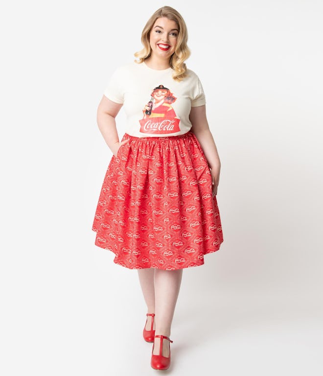 Plus Size Red & Ivory Coca-Cola Print High Waist Circle Swing Skirt