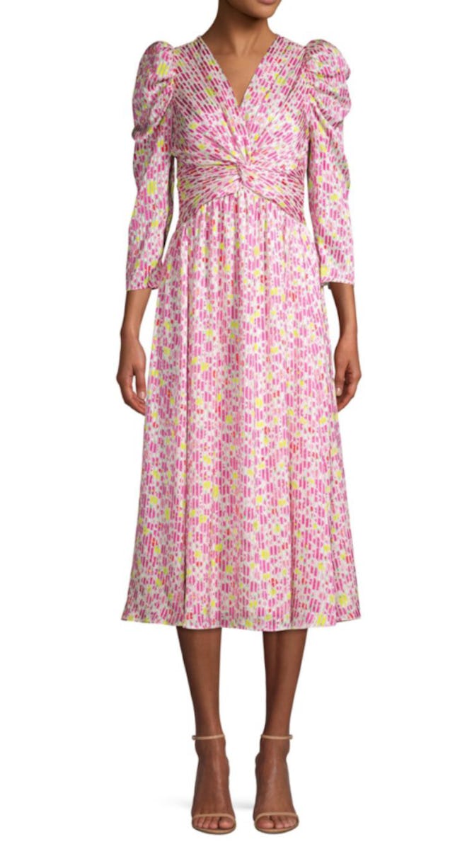 Marker Floral Puff-Sleeve Midi Dress 