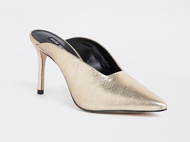 Gold Leather Pointed Toe Slim Heel Mules