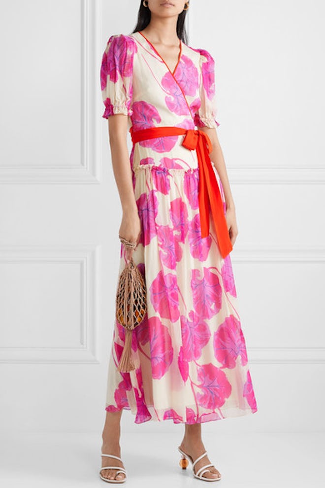 Ruffled Pink Crinkled Silk-Chiffon Wrap Maxi Dress 