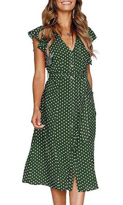 MITILLY Women's Summer Boho Polka Dot Sleeveless V Neck Swing Midi Dress