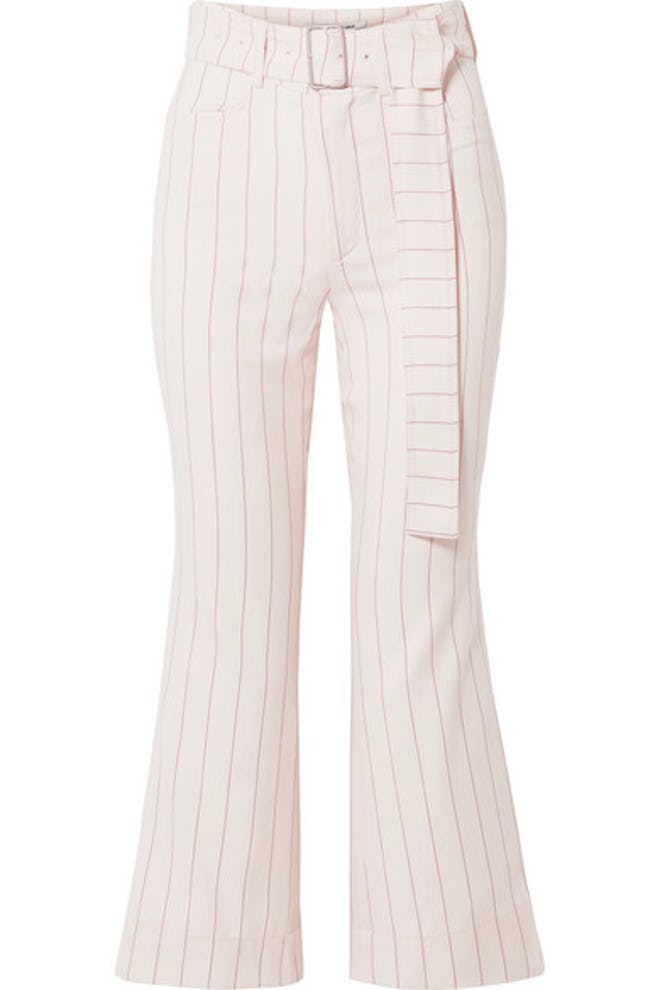 ORSEUND IRIS Cropped belted pinstriped wool-blend flared pants