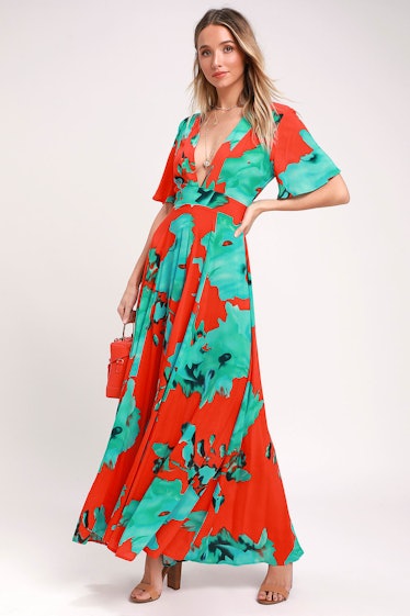 Temptress Red And Teal Blue Print Maxi Dress