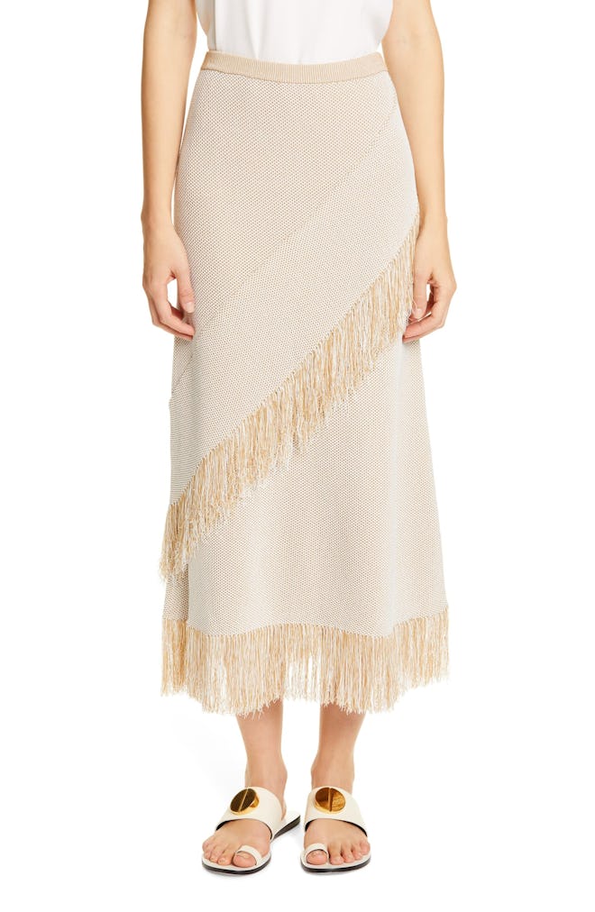 Tidar Fringe Trim Knit Midi Skirt in Light Sand