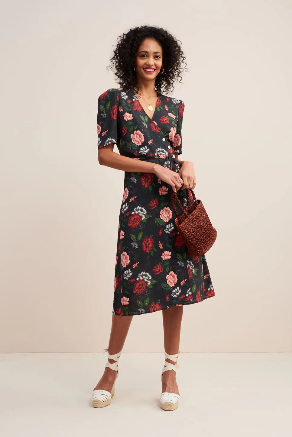 slim fit dress slacks Rouje - Gabin Dress - Red Floral Print Midi Wrap Dress - Red main image 1
