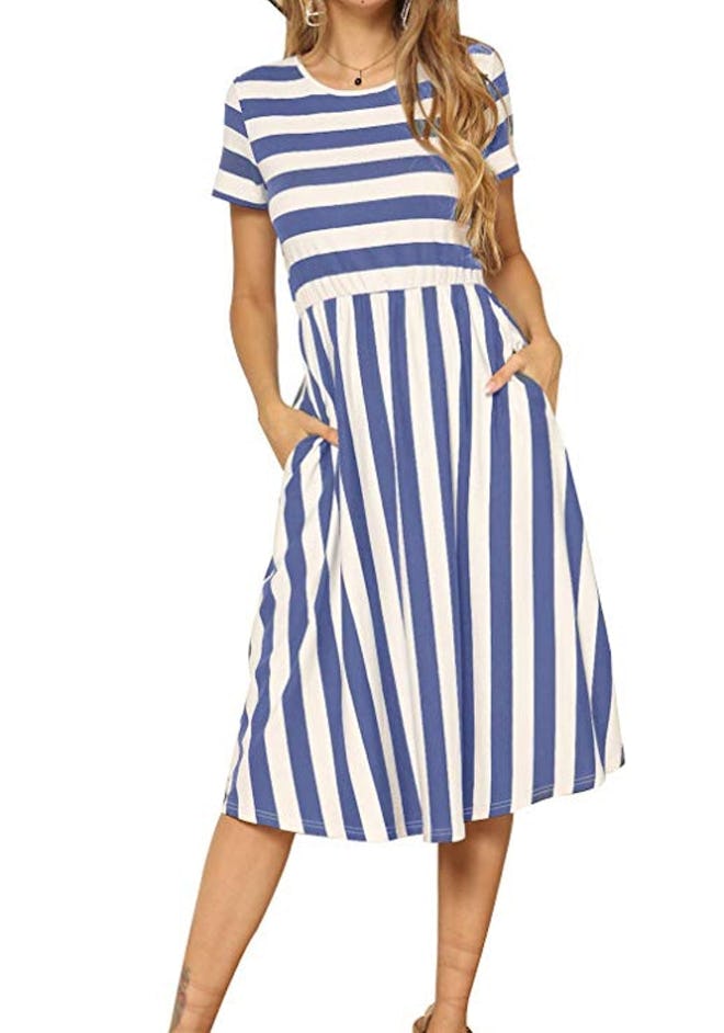 levaca Short Sleeve Striped Swing Midi Dress