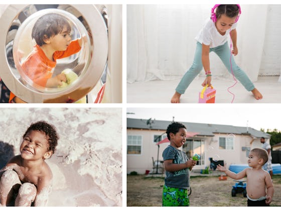 Children exhibiting play styles such as getting in the washer, sitting in the sand, listening to mus...