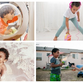 Children exhibiting play styles such as getting in the washer, sitting in the sand, listening to mus...