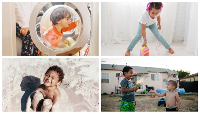 Children exhibiting play styles such as getting in the washer, sitting in the sand, listening to mus...