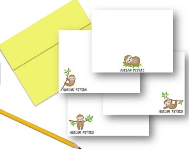 Sloth Note Cards, Kids Sloth Personalized Stationery (Set of 12)