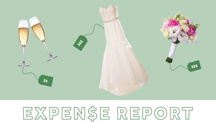 Champagne glasses, a wedding dress and a bouquet with price tags on them and the expense report logo...